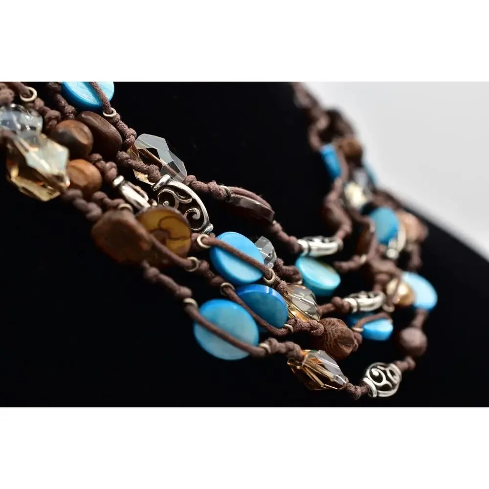 Brighton Blue Shell Beaded Collar Necklace Silver Crystal Wood Layered BinBJ